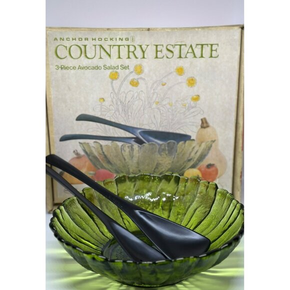 VTG Anchor Hocking Country Estate Salad Bowl Set | 3 Pc Avocado Green 10"x3" - Picture 1 of 10